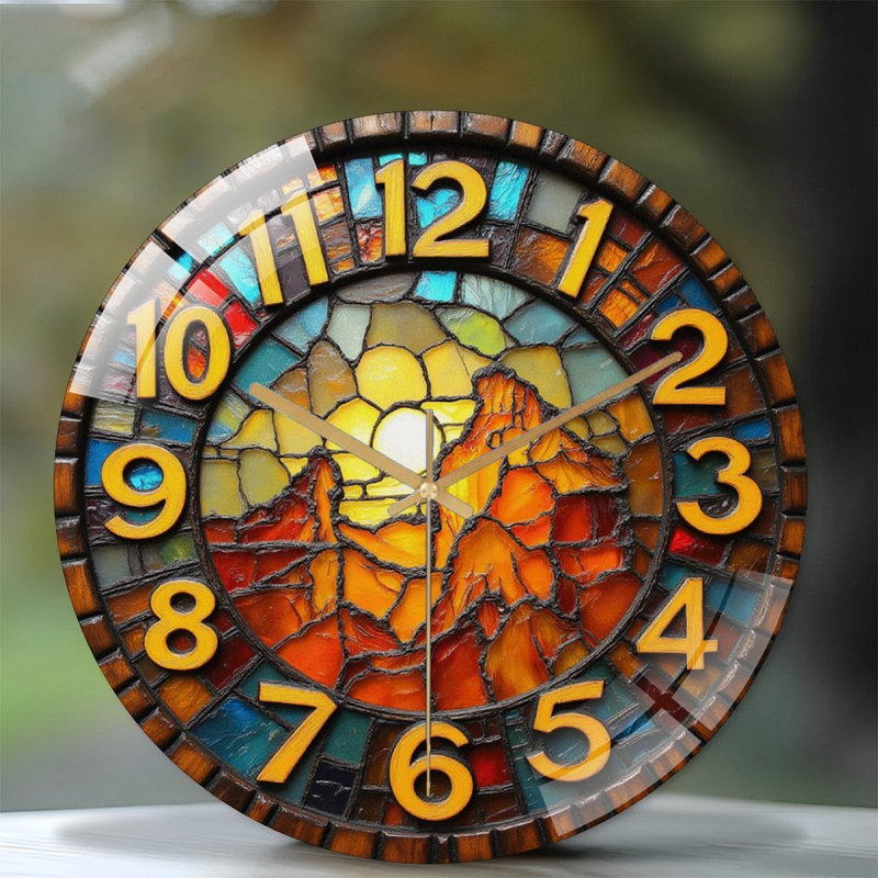Stained Glass Mountain Sunset Wall Clock Art - 12'' Modern Glass Wall Clock