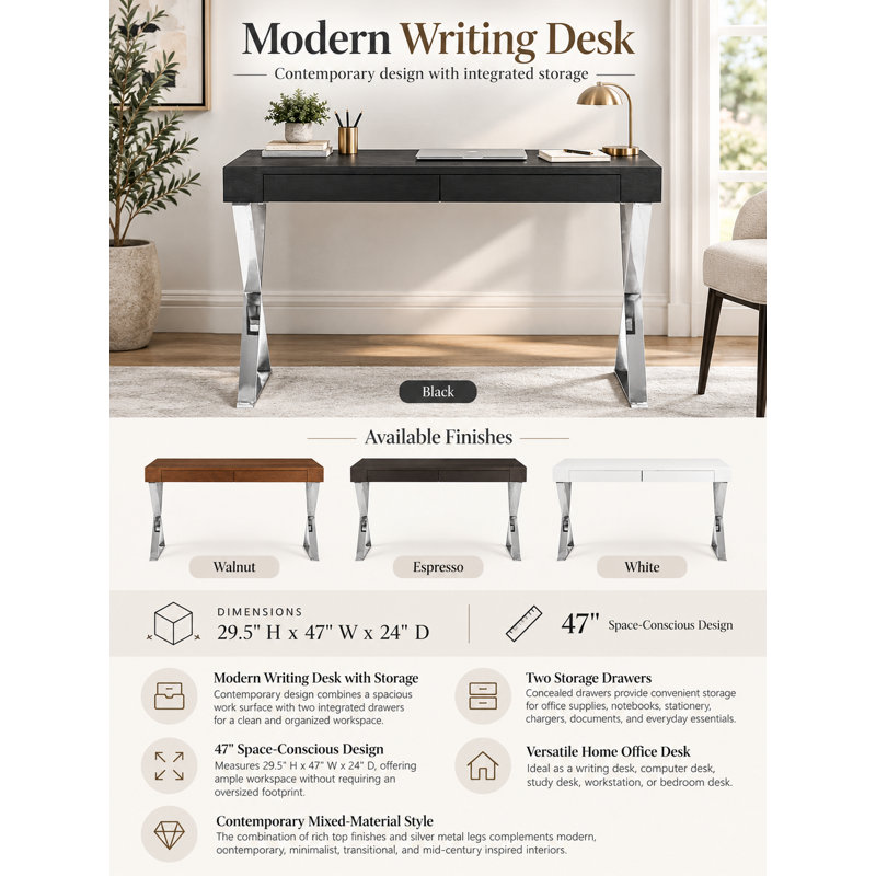 Alexa Contemporary White Lacquer Writing Desk with Polished Steel/Metal X-Base and 2 Drawers, White/Silver