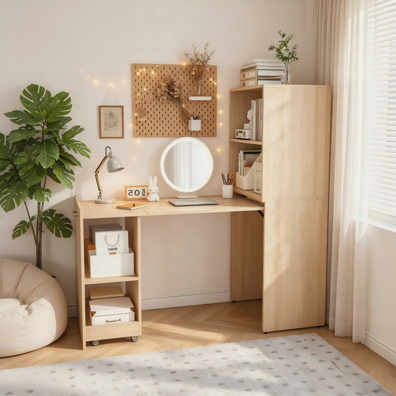 Bureau pliable extensible avec tablettes de rangement et roues mobiles verrouillables, bureau d'ordinateur extensible pour petits appartements et bureau personnel