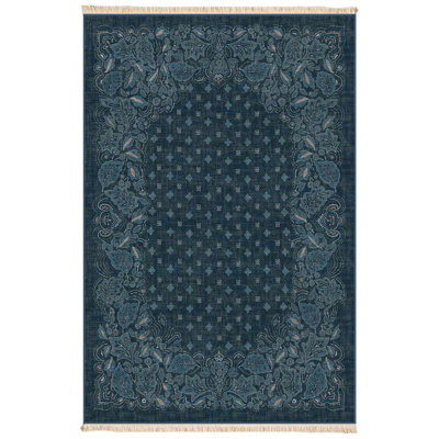Navy Blue Tonal Paisley Border Area Rug
