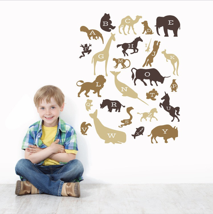 Décalcomanie murale alphabet animaux, Brun, H 45 po x l 35 po x P 0,01 po