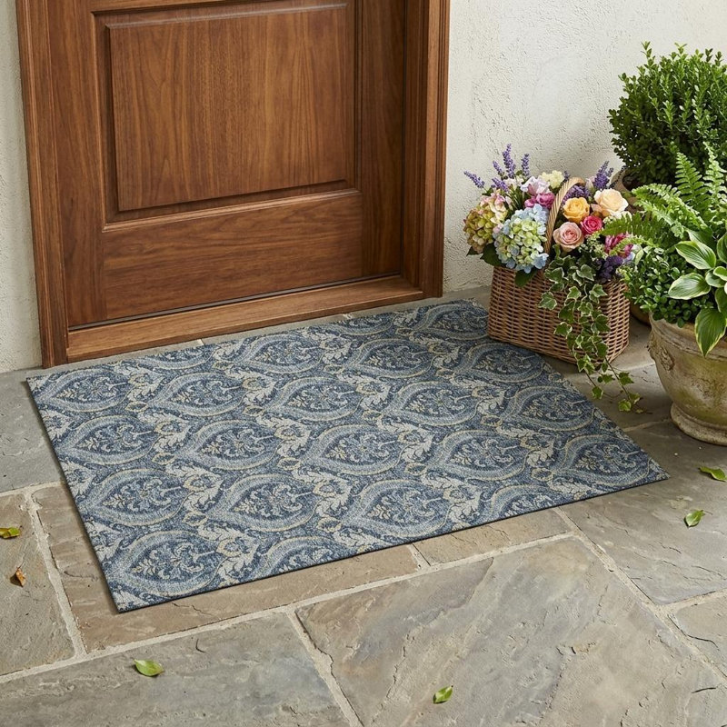 Tapis intérieur lavable antidérapant bleu et crème 2 pi x 3 pi