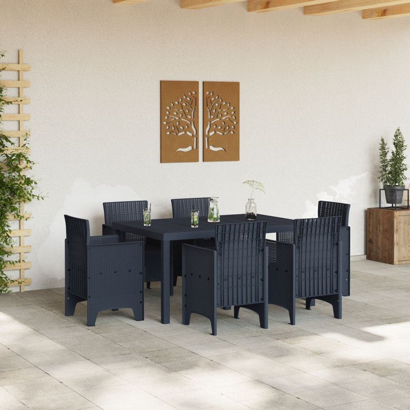 7 Piece Garden Dining Set Poly Rattan, 73cm H x 150cm W x 100cm D, Grey
