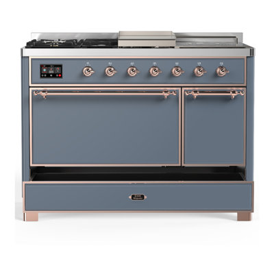 Majestic III Series 48 Inch Dual Fuel Range with 5 Sealed Burners, Griddle, Frenchtop in Blue Grey (Natural Gas, Copper Trim)