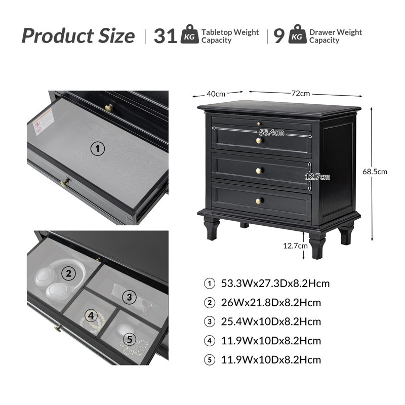 Dominic Country 72cm W 3 - Drawer Bedside Table, Black