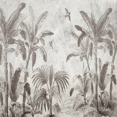 Murale rétro avec bananeraie et oiseaux tropicaux