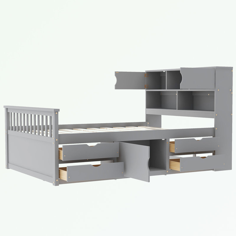 Base de lit plateforme double avec bibliothèques et tablettes de rangement, gris