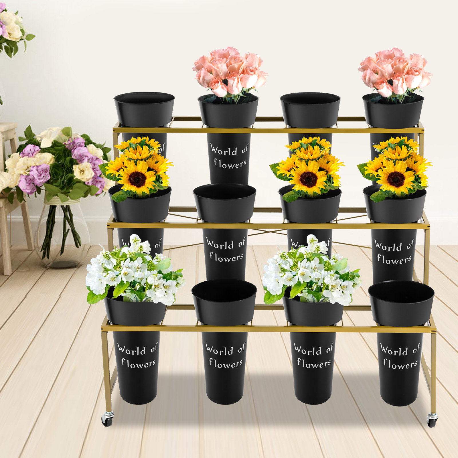 Everly Quinn 3-layer Metal Plant Stand with Wheels and Flower Buckets |  Wayfair