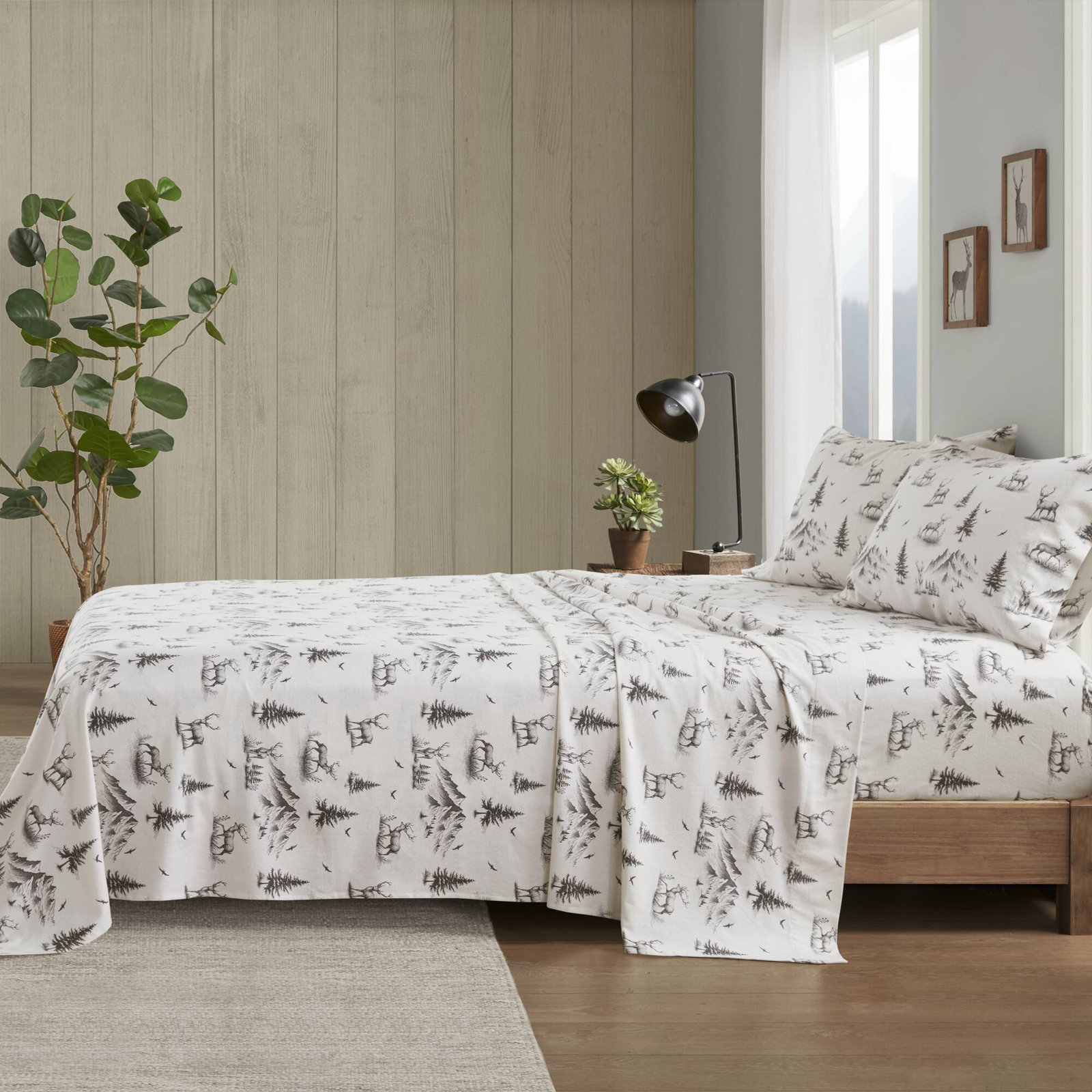 Woolrich 100% Cotton Flannel Sheet Set, Queen Sheet Set with 2 Pillowcases, Gray Forest