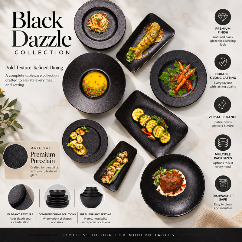 Assiette rectangulaire en porcelaine noire de qualité supérieure Dazzle, 9.5x5.1x1.73"