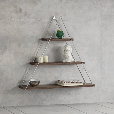 Étagère murale triangulaire flottante pour chambre à coucher et salon, étagère murale en bois massif brun à 2 niveaux pour livres et décor