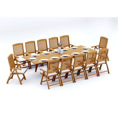 9 Pcs Grade-A Teak Wood Dining Set: 122" Atnas Double Extension Rectangle Table And Marley Folding Reclining Arm Chairs #11MR2808