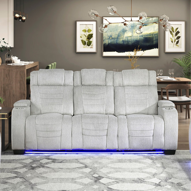 Ensemble de canapés inclinables à DEL de luxe 3 pièces gris clair avec causeuse et accoudoirs avec porte-gobelet et porte-gobelets