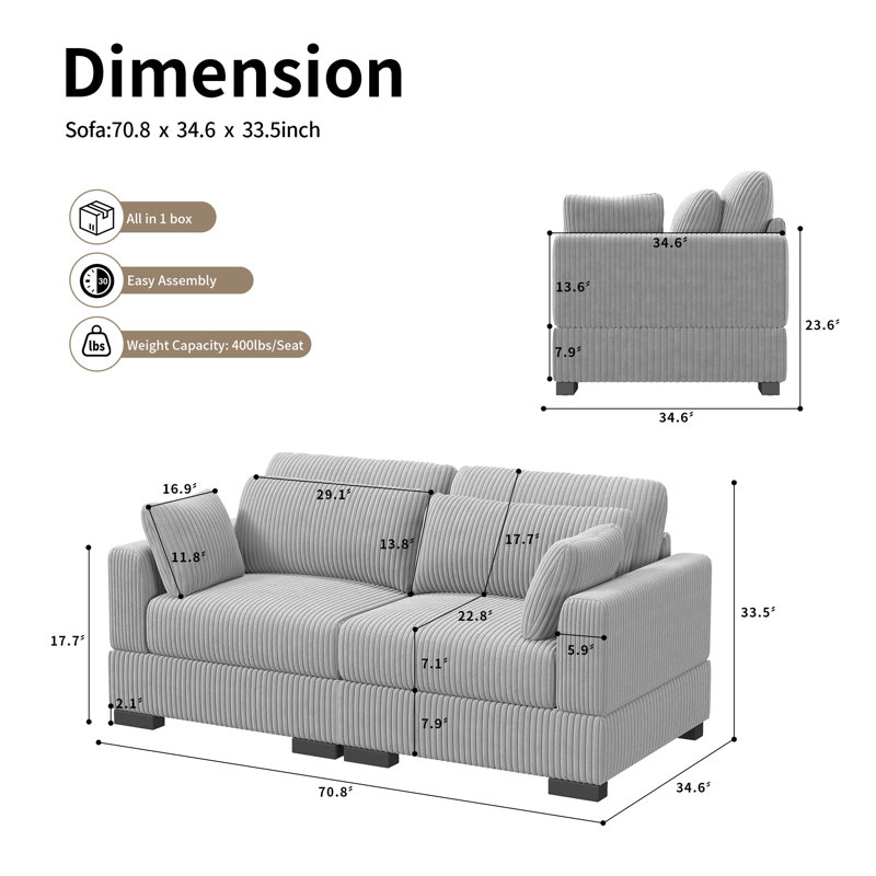 Zenaide 70.8'' Corduroy Loveseat, Zenaide Gray Corduroy