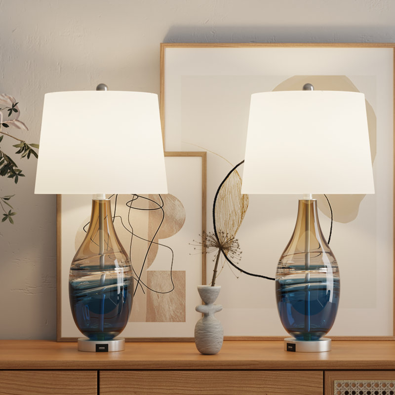 Melun 28" Modern Coastal Blue and Gold Glass Table Lamp with 3-Way Dimmable Lighting and USB Port