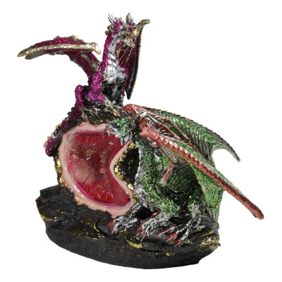 Figurine de duel de dragons en cristal DEL imitation géode, dragons métalliques rouges et verts