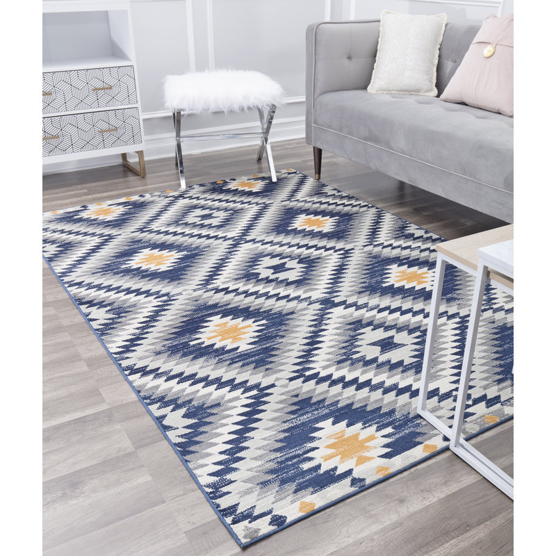 Heron Bodrum Tribal Kilim Denim Area Rug, Runner 2' x 8', Blue/Ivory/Navy/Orange