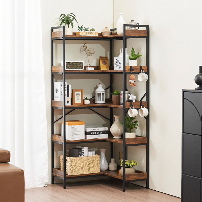 5 Tier Corner Bookshelf Tall Corner Bookcase with 4 Hooks L-Shaped Storage