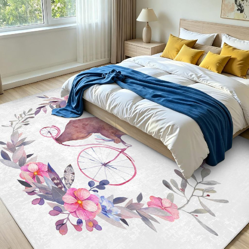 Tapis d'intérieur gris lavable à la machine, motif ours de cirque à vélo et aquarelle, Rectangle 71" x 98"
