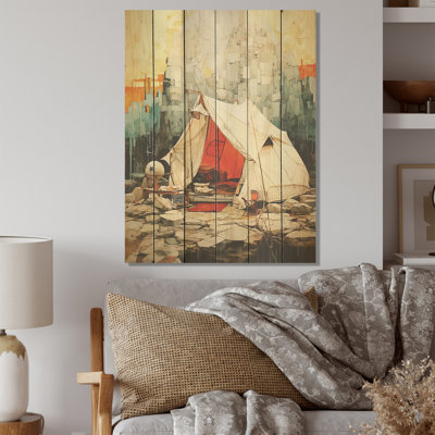 Minimalisme, camping, voyage, collage, camping, bois, art mural sur bois de pin naturel