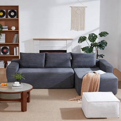 Canapé modulaire compressible de 96,9 po avec méridienne en forme de L, canapé modulaire moderne avec assise profonde, canapé rembourré pour la chambre à coucher du salon, aucun assemblage requis (tissu en velours côtelé moelleux), gris droit