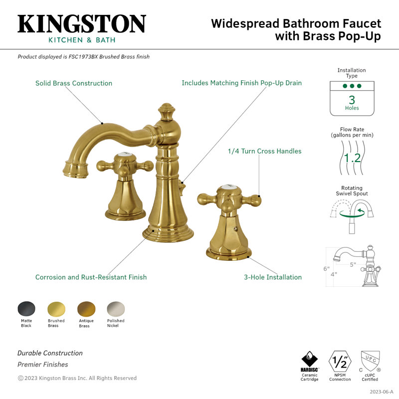 Kingston Brass Metropolitan Two-Handle 3-Hole Deck Mount Widespread Bathroom Faucet with Pop-Up Drain, Matte Black