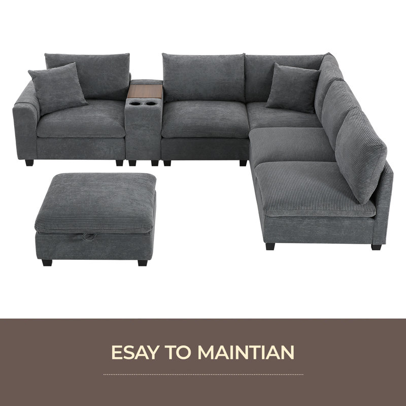 Canapé modulaire surdimensionné de 140 po avec repose-pieds et console de rangement amovibles, poches de rangement amovibles, porte-gobelet, siège large, chargeur USB, canapé en velours côtelé à 6 places pour le salon