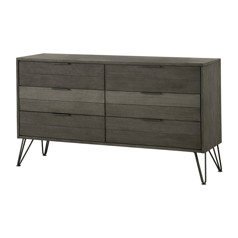 Contemporary Dresser of 6x Storage Drawers Solid Acacia Wood Metal Legs Slat Design Paneling 3-tone Gray Finish Bedroom Furniture 1pc