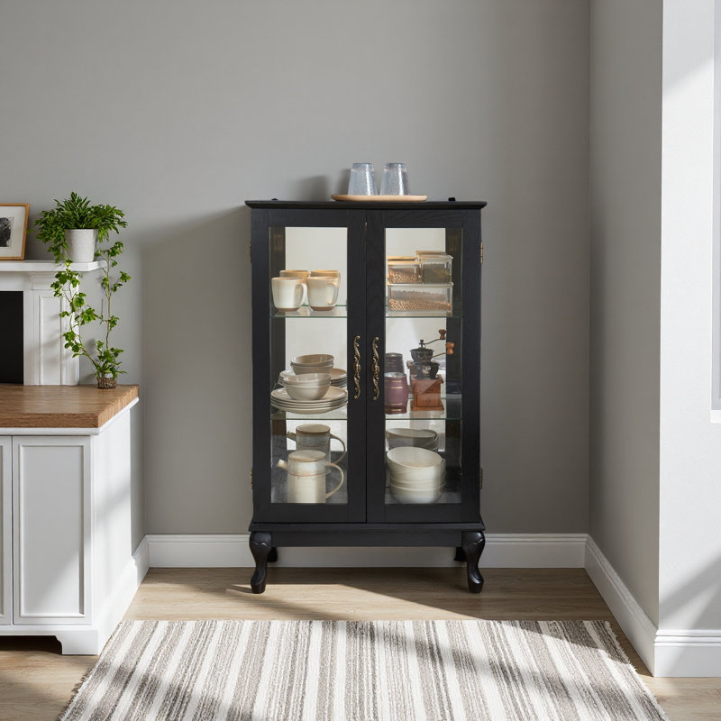 Curio Cabinet With Tempered Glass Doors, LED Light, Mirrored Back Panel & Adjustable Shelves – Display Storage For Home & Office