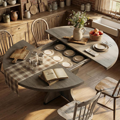 47"-63" Extendable Round to Oval Dining Table for 4-8, Farmhouse Expandable Wood Kitchen Table with Extra-Wide Legs, Metal Frame, Space-Saving for Apartment