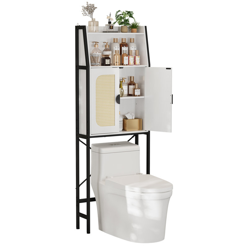 Over-the-Toilet Storage Cabinet with Rattan Doors, Adjustable Shelf and Metal Frame, Space-Saving Bathroom Organizer White