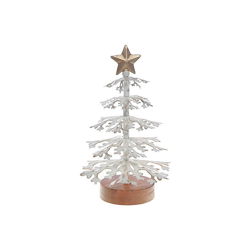 White Snowflake Tree With Acacia Base Small, 11" H x 7" W x 7" D