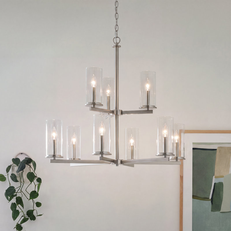 Lustre 9 lumières 32,5 "à 2 niveaux, Nickel brossé