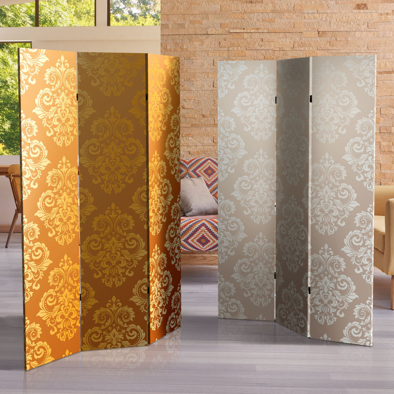 6 Ft. Tall Double Sided Ocean Damask Canvas Room Divider, Yellow