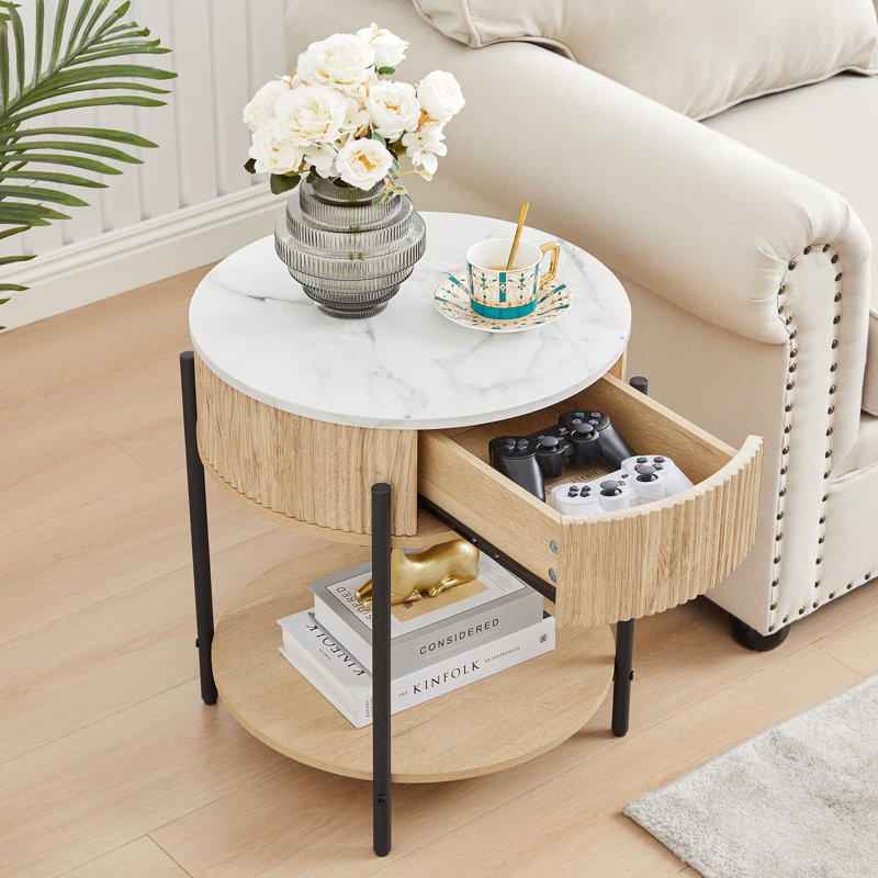 Marble Round End Table With Storage, Natural, 1