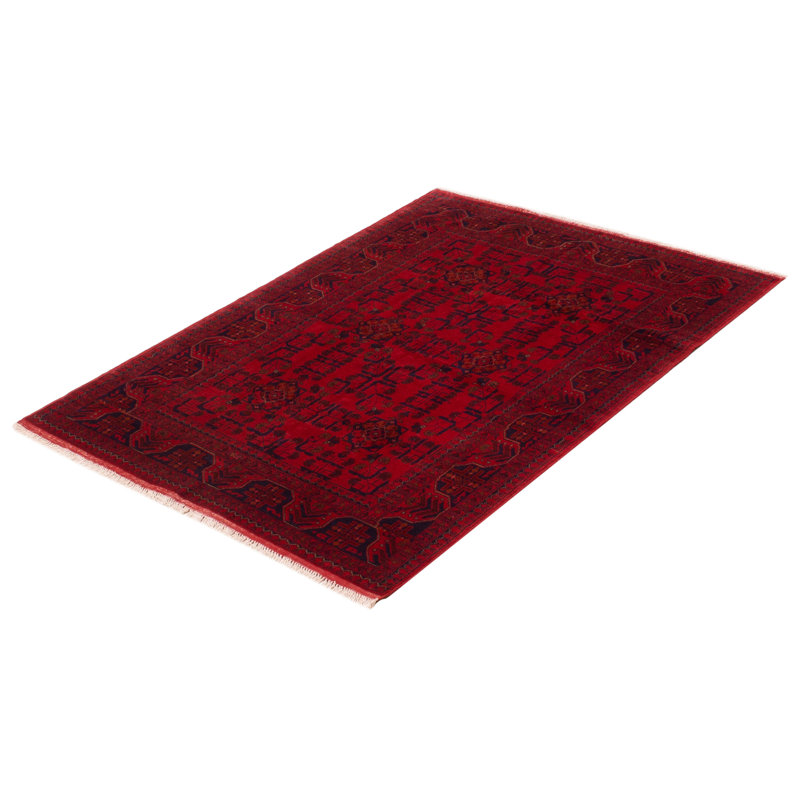 Tapis rouge en laine noué à la main de conception unique 4 pi 9 po x 6 pi 6 po nouvel âge Daisylynn