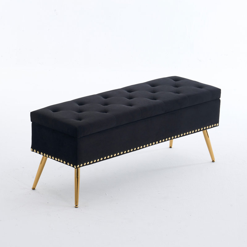 Banc repose-pieds en velours avec rangement, Noir, H 18 po x l 46 po x P 15,5 po