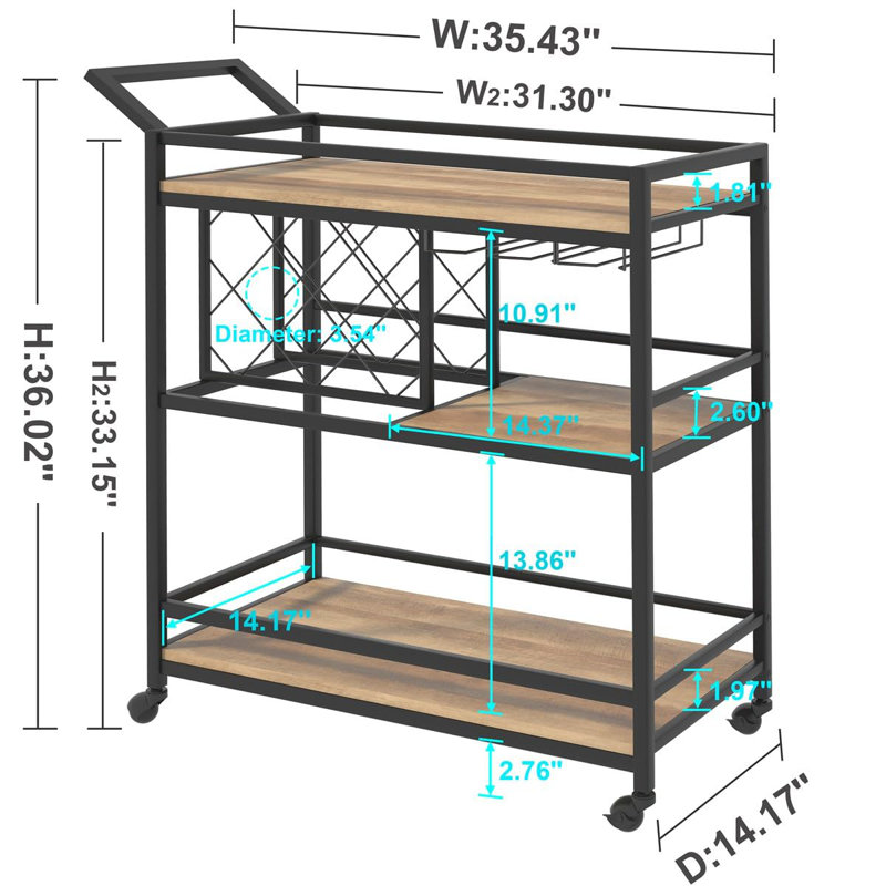 Rustic Oak 3-Tier Rolling Bar Cart with Wine Rack and Glass Holder