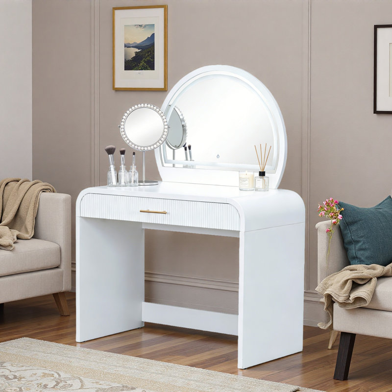 Coiffeuse de maquillage avec miroir lumineux à écran tactile, coiffeuse avec tiroir et bords arrondis