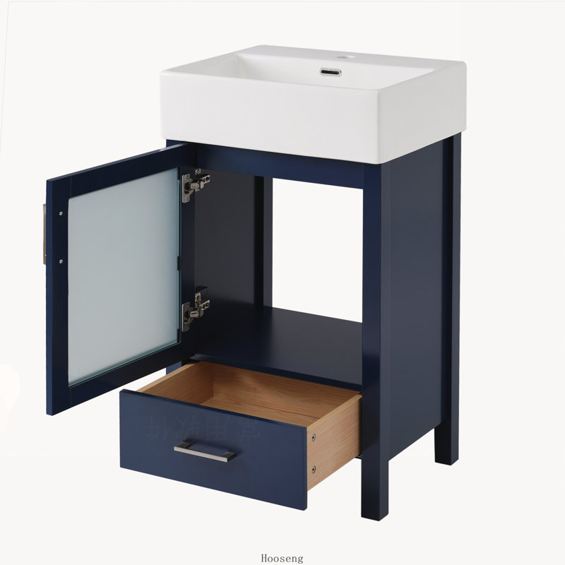 Meuble-lavabo de 50 cm avec lavabo en céramique et grand espace de rangement, Blue