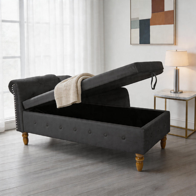  Chaise longue rembourrée en velours avec accoudoirs roulés, Noir