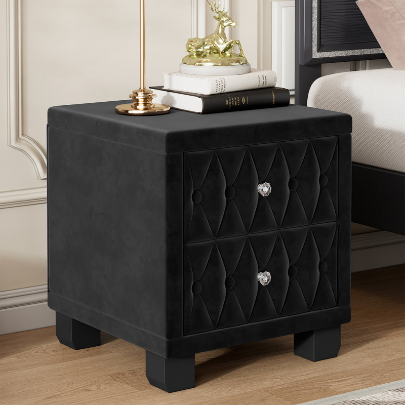 Élégante table de chevet en velours avec 2 tiroirs et poignée en cristal, table de chevet avec capitonnage à boutons, noir