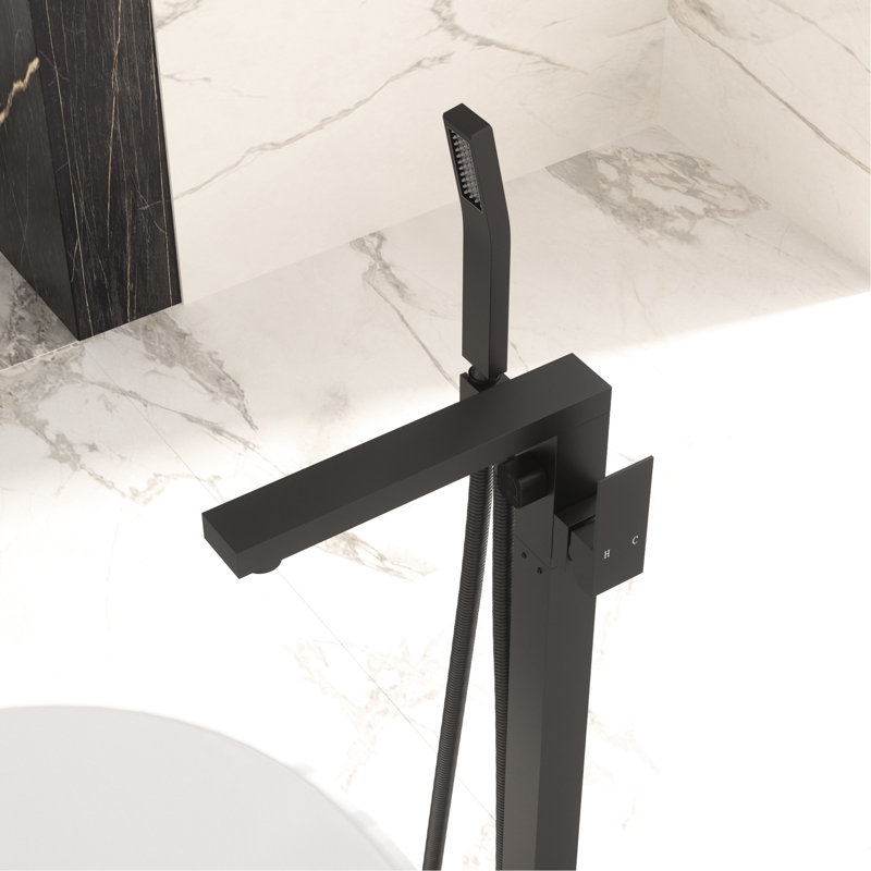 Matte Black Floor Mounted Bathroom Tub Faucet With Hand Shower, Lead - Brass, Precise Temperature Mixing, 360° Rotating Splash Spout Filler Solid Brass Build, Dual Ceramic Disc Valves, Silent Water