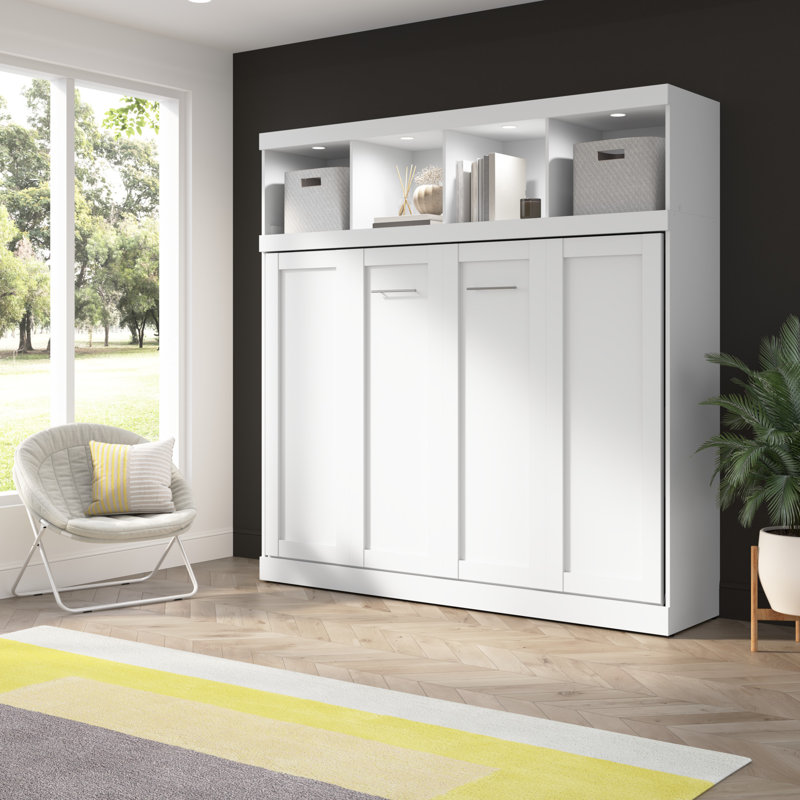 Grand lit escamotable 85W horizontal avec rangement supérieur en blanc, Blanc, Grand lit