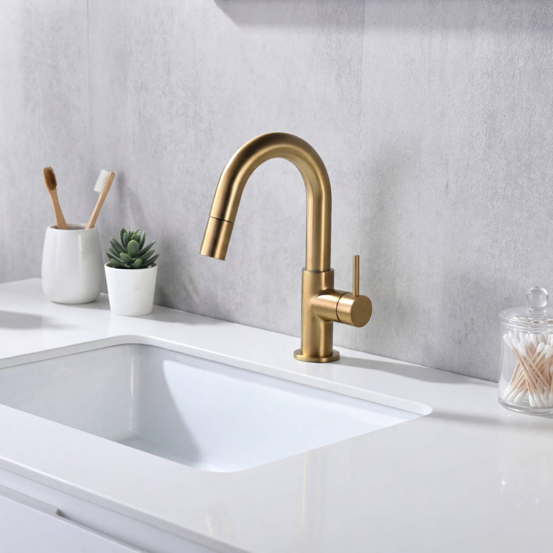 Circular Single Handle High-Arc Pull Down Sprayer Bathroom Vanity Sink Faucet, Brushed Brass