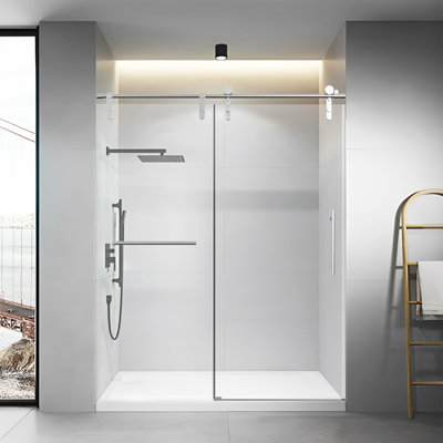 56-60" W * 76" H Frameless Single Sliding Shower Doors Without Soft-Close, Bathroom Sliding Shower Door With Towel Rail And Auxiliary Handle, 5/16" (8Mm) Thick Sgcc Tempered Glass Door, Chrome