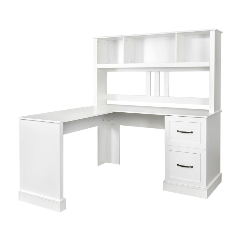 Home Office Computer Desk With Hutch, Off White , 65.02" H x 59.9" W x 59.9" D