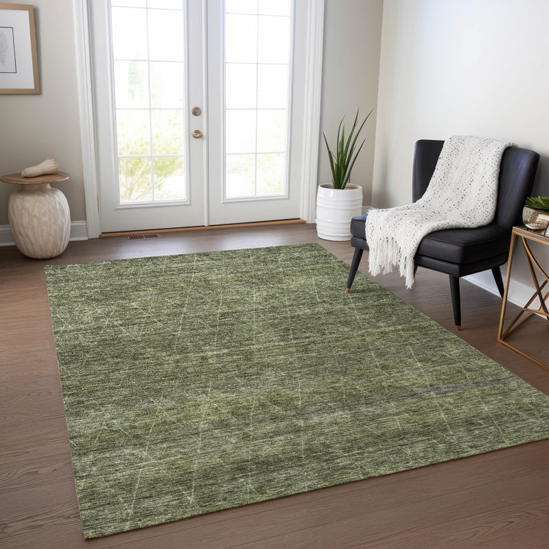 Olive Green Synthetic Rectangular Washable Indoor/Outdoor Rug
