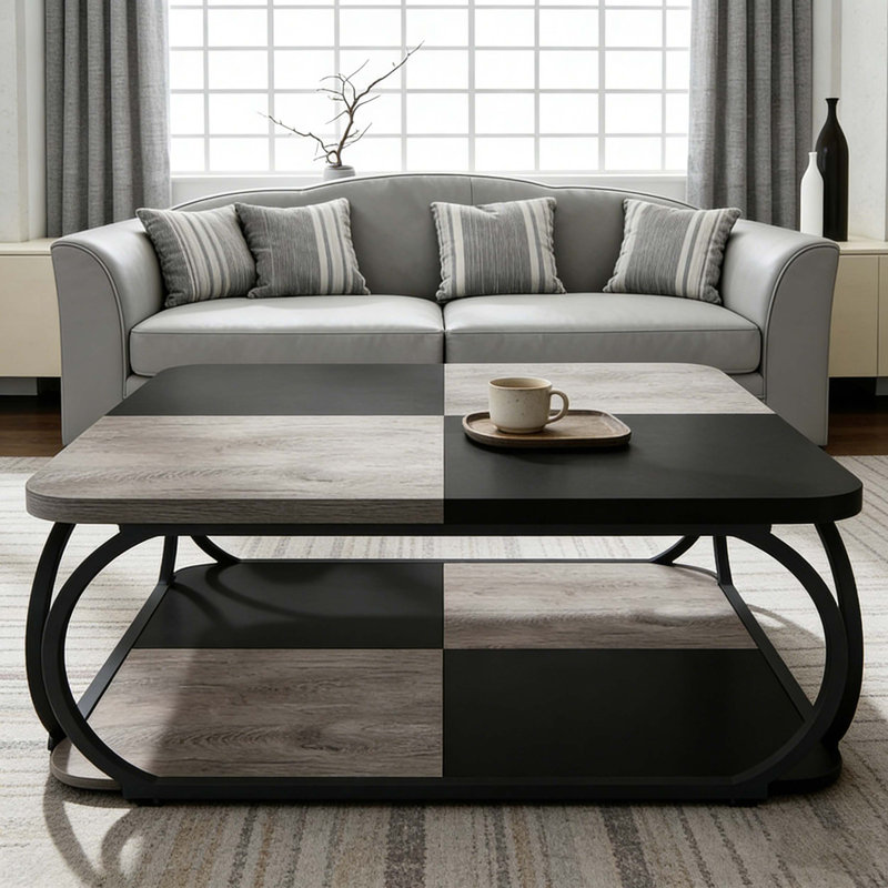 Square Central Cocktail Table With 2-Tier Shelves, Grey & Black