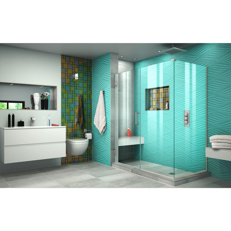 Unidoor Plus 59" W x 30.375" D x 72" H Frameless Pivot Rectangle Shower Enclosure with Fixed Panel, Brushed Nickel